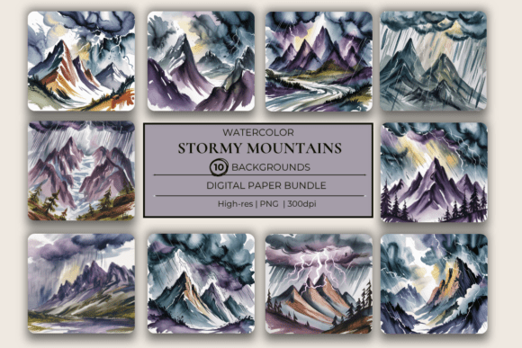 Download Stormy Mountains Watercolor Scene Papers - Premium Resources